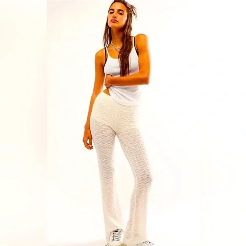 Free People FP One Ona Floral Lace Pull On Slim Flare Pants Cream Size XS